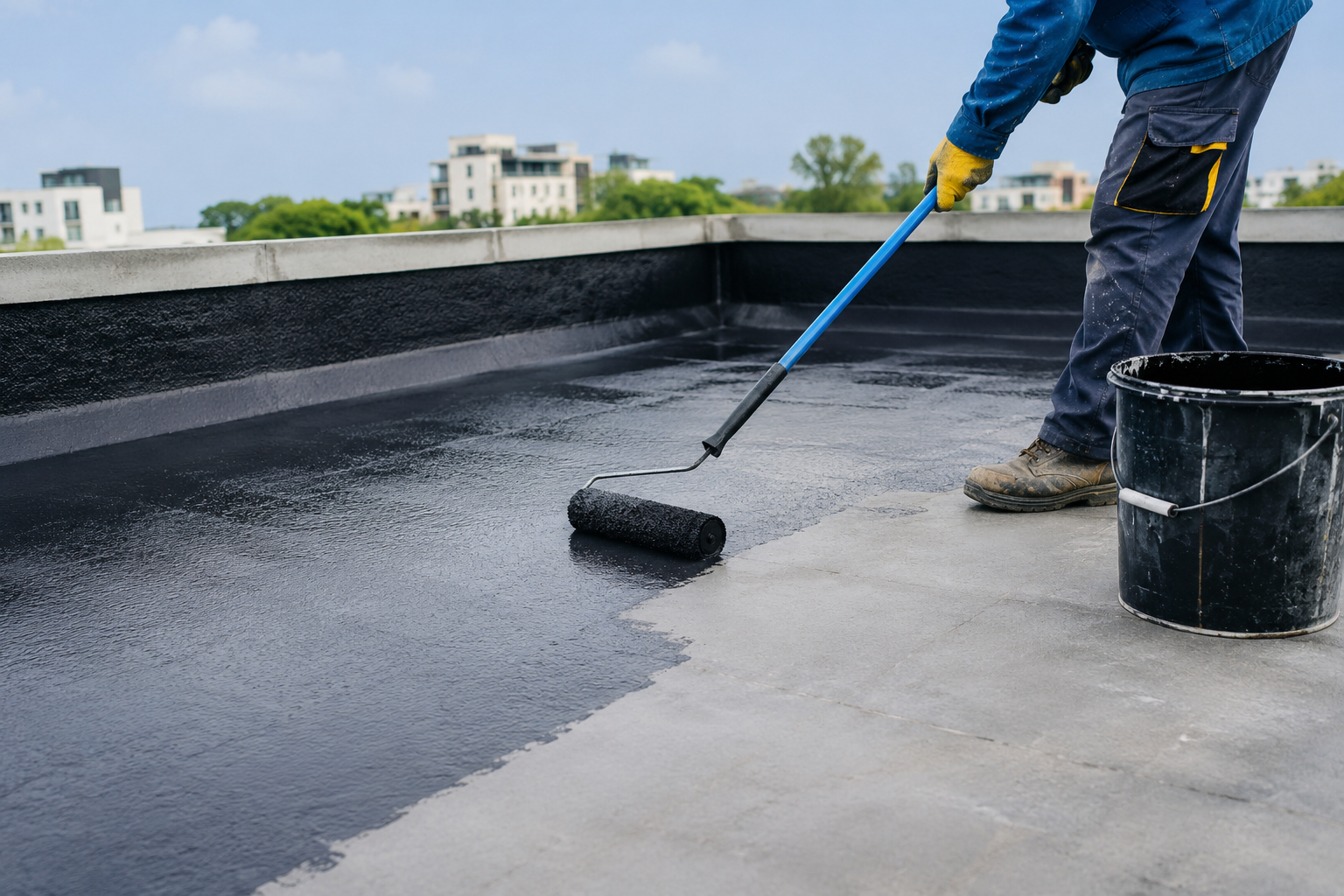 Protective waterproof coating being applied with a roller